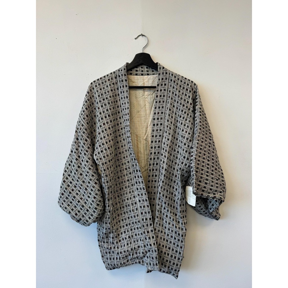 VTG Ragstock Jacket Womens Large Black White Kimono Haori Open Front Patterned‎